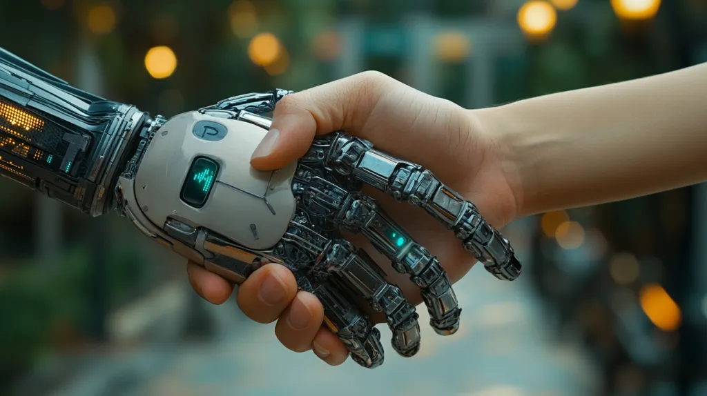 A robotic hand, made of silver metal and intricate gears, is shaking the hand of a human. The robot's hand is open and palm facing up, while the human's hand is closed in a handshake. The background is blurred and out of focus. The image depicts a concept of the relationship between humans and robots.