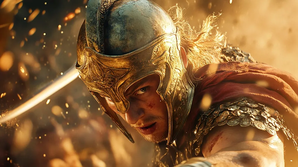 A warrior, clad in golden armor and a helmet adorned with intricate details, stands amidst a battlefield. The image is saturated in a warm, golden hue, emphasizing the intensity of the battle. The warrior's piercing blue eyes and determined expression suggest a fierce spirit. His sword, partially visible, adds to the sense of impending conflict. The background, a blur of dust and fire, creates a dramatic backdrop for the warrior's imposing presence.