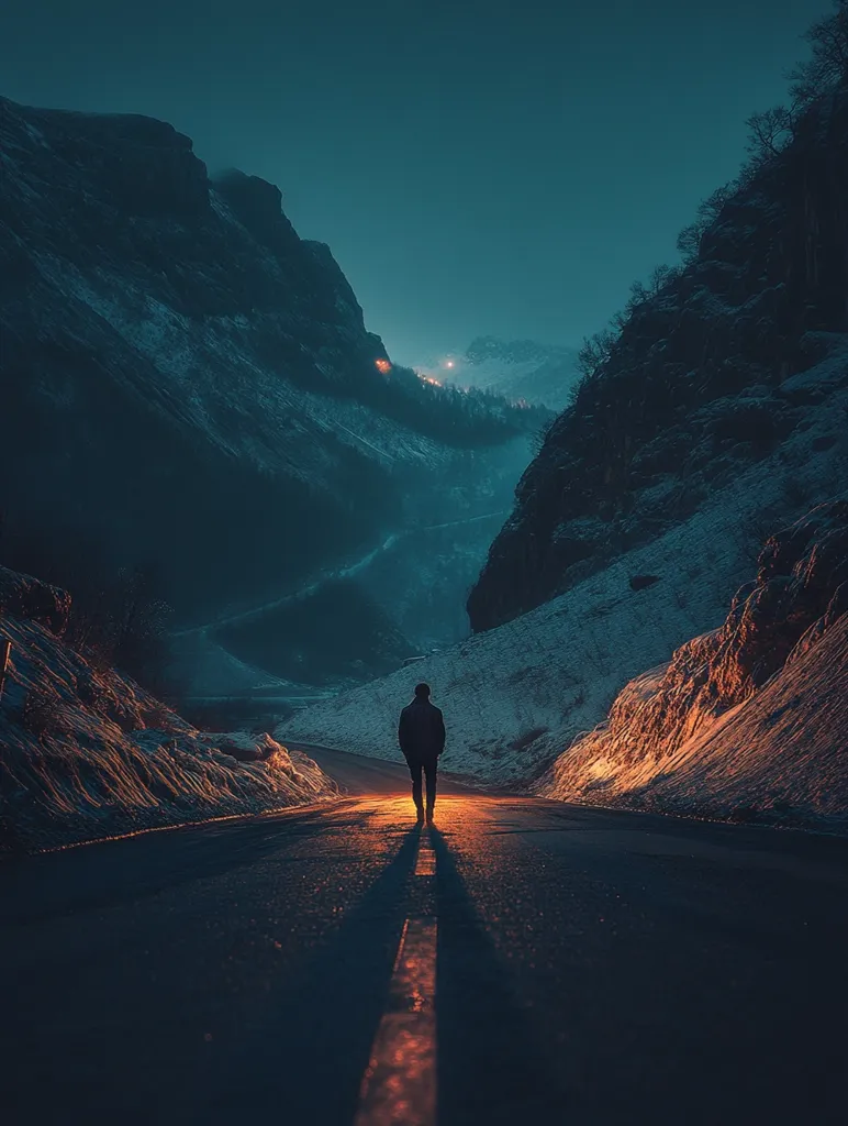 A lone figure walks down a road cutting through a mountain pass. The sky is dark, with a hint of blue, and the mountains are covered in snow. The figure's shadow stretches long and thin, as if reaching out towards the distant light. The scene evokes a sense of isolation and contemplation.