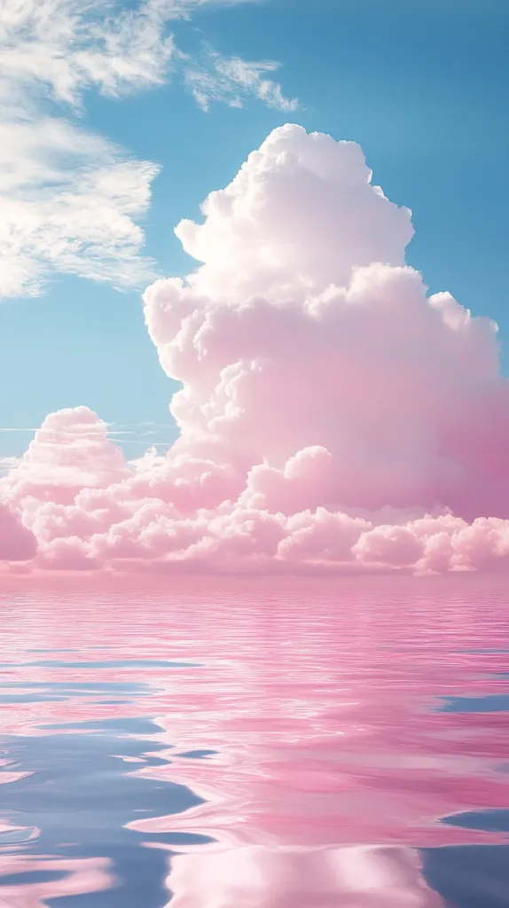 A dreamy landscape with fluffy pink clouds reflected in a calm, blue and pink water. The sky is a soft blue, creating a sense of peace and tranquility. The image is reminiscent of a beautiful fairytale world.