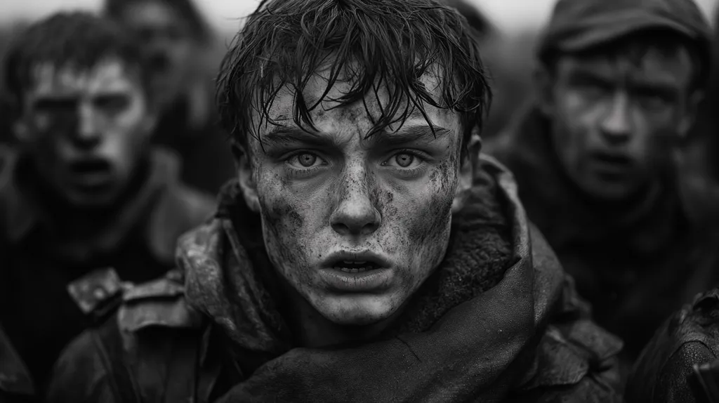 A young man with dirt on his face and a determined expression stares directly at the camera. He is surrounded by other young men, their faces obscured in the darkness. The image is in black and white, creating a sense of intensity and urgency.