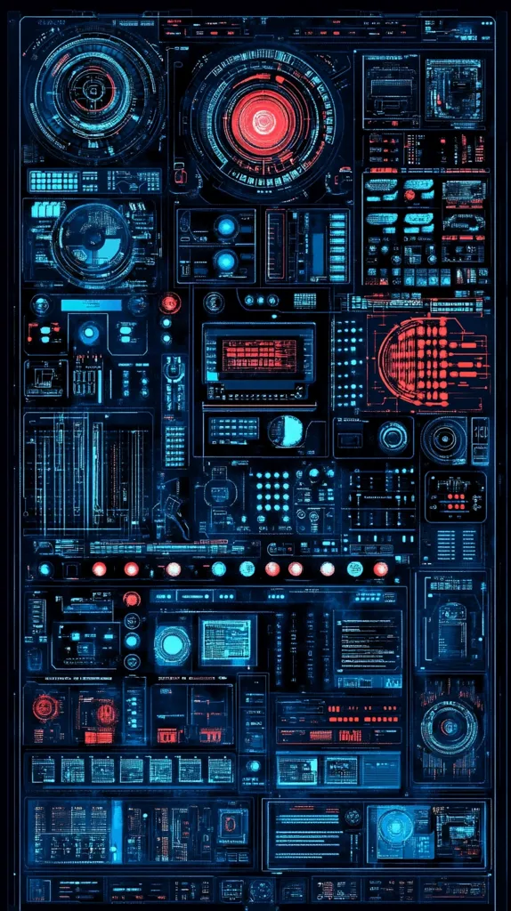 The image is a futuristic interface with a grid of various digital displays. The displays are filled with data, code, and icons, creating a complex and detailed visual representation of a digital world. The colors used are predominantly blue and red, with some black and white accents. This interface could be part of a control panel, a navigation system, or a futuristic technology platform.