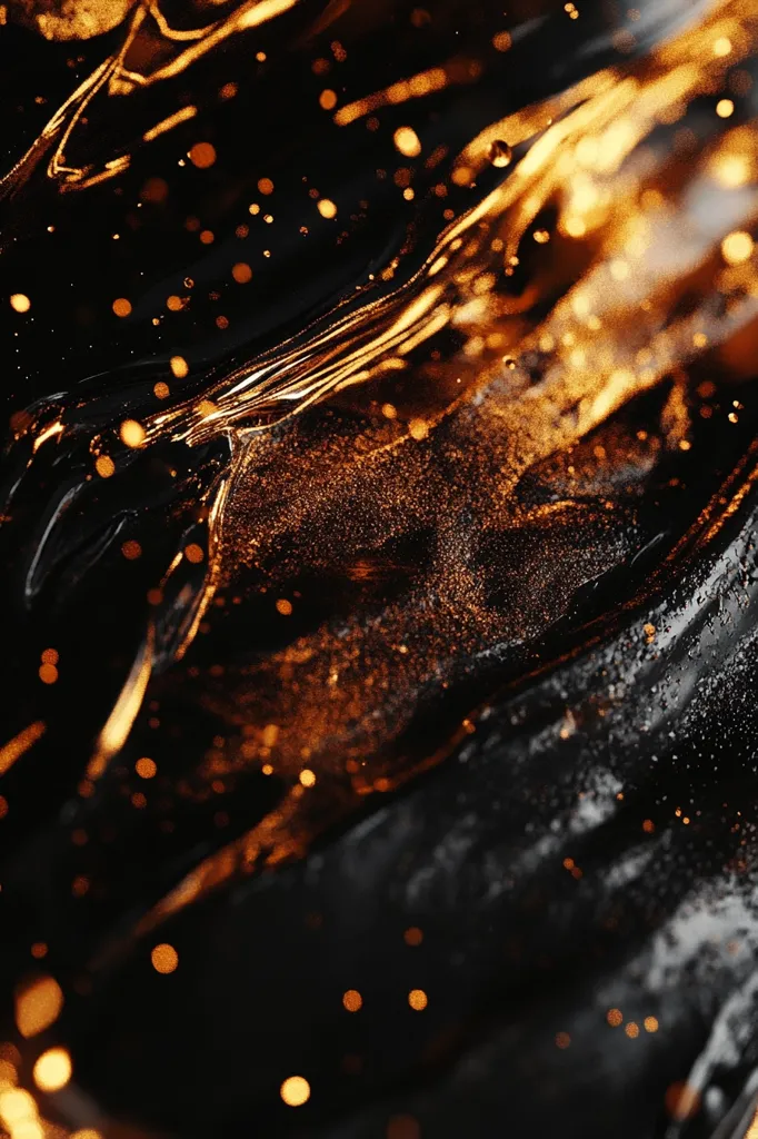 The image is a close-up shot of a black and gold abstract texture. The texture is made up of swirling lines and dots, creating a sense of movement and depth. The gold accents add a touch of luxury and elegance to the image. The background is a dark, deep black that creates a sense of mystery and intrigue. The image is reminiscent of a cosmic landscape, with the gold accents resembling stars. It is a visually stunning image that is both abstract and beautiful.