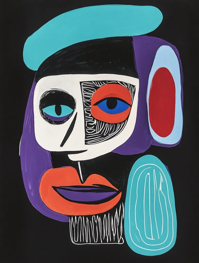 The image is a stylized portrait of a person's face. The face is rendered in a cubist style, with geometric shapes and bold colors. The background is black, which creates a dramatic contrast with the vibrant colors of the face. The person has a turquoise beret on their head, a large purple ear, a white face with black features, and bright orange and blue eyes. Their lips are a dark purple with an orange outline. The image is dynamic and eye-catching.  The artist has used bold lines and contrasting colors to create a sense of energy and movement.  Overall, it is a playful and energetic portrait that captures the essence of a person's personality.