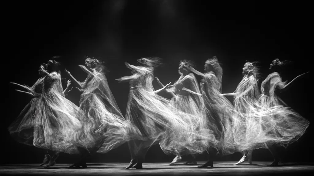The black and white photograph depicts a group of seven dancers in long, flowing gowns. Their movements are blurred, creating a ghostly ethereal effect as if they are moving through time or space. The dancers appear to be in mid-performance, their bodies contorted in graceful poses. The image has a haunting beauty and a sense of mystery.  The stage lights illuminate the dancers from above, creating a dramatic contrast between light and shadow. The photograph is a powerful representation of the ephemeral nature of dance and the beauty of human movement.