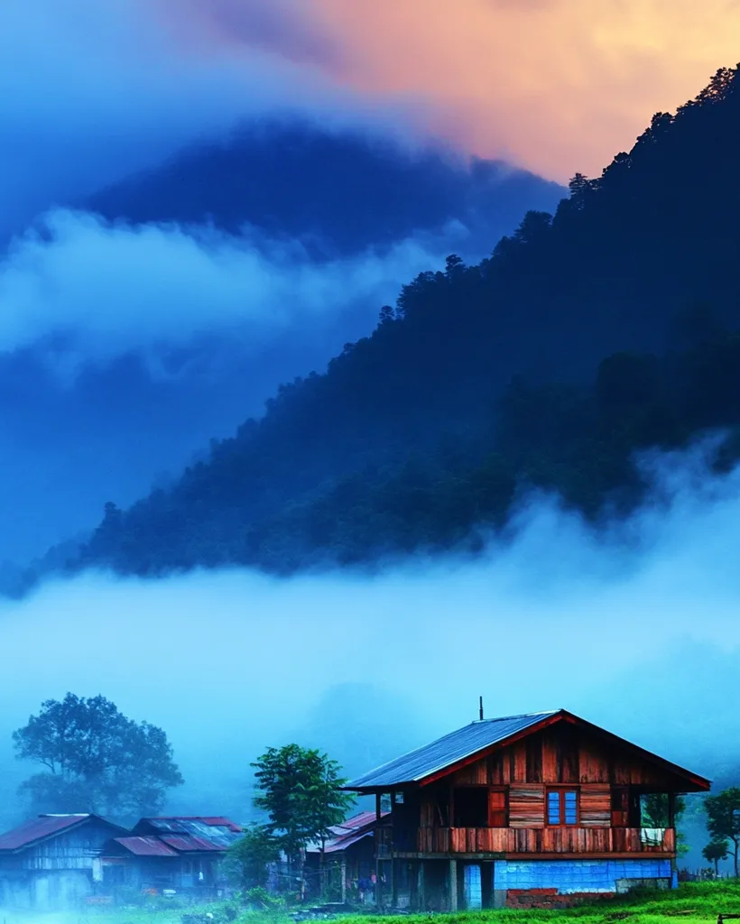A single wooden cabin with a blue painted base stands on a green field in the foreground,  surrounded by trees and obscured by fog.  The background is a hazy, layered mountain range, with the top of the mountain bathed in soft pink light.  The scene is peaceful and serene, with a misty, ethereal quality.