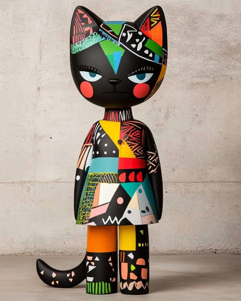 A black cat sculpture with a colorful, geometric pattern stands against a gray wall. The cat has a black body with bright red cheeks and large blue eyes. It wears a patchwork dress in a variety of colors, including red, yellow, blue, and green. The cat has a long, black tail and stands on black legs with colorful geometric patterns.