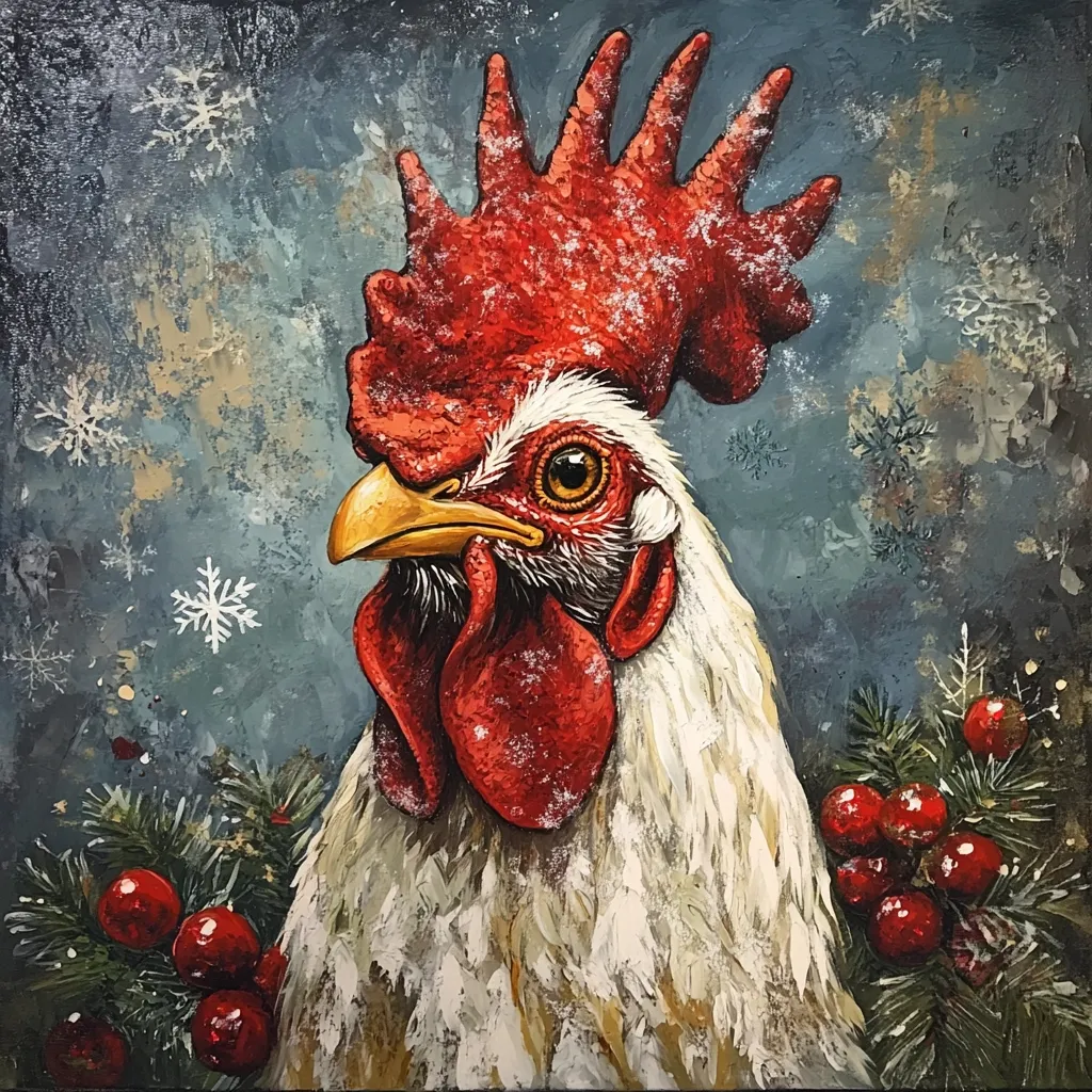 A white rooster with a bright red comb and wattle stares intently at the viewer. The background is a mottled blue and gray with snowflakes and a sprig of green pine with red berries. The rooster appears to be in a snowy setting.  The painting is done in a realistic style, using thick, textured paint.  It is a playful and festive image.