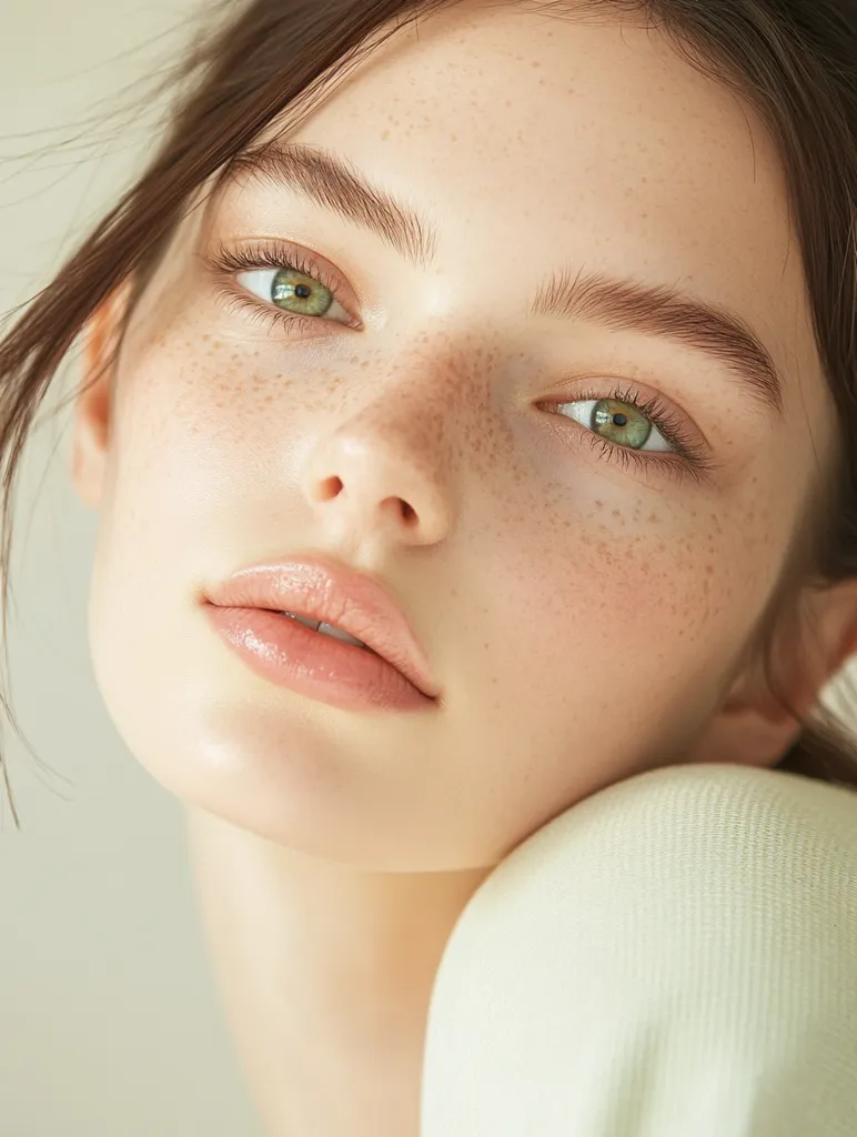 The image is a close-up portrait of a young woman with light brown hair, freckles, and green eyes. She is wearing a white shirt and her skin is illuminated by soft, natural light. Her lips are parted slightly and her gaze is soft and inviting. The overall effect is one of beauty, innocence, and serenity.