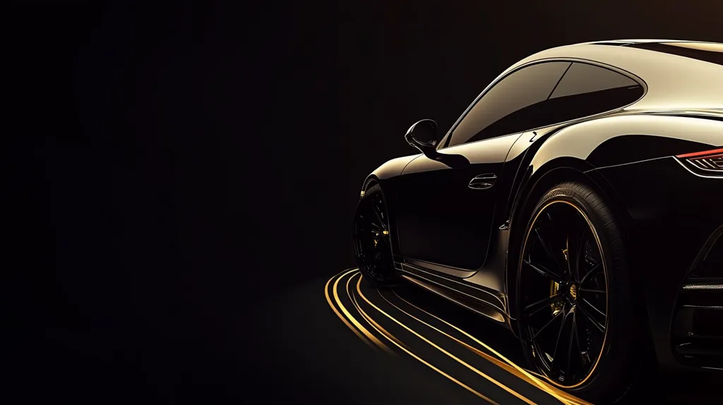 The image shows a black sports car from the back, with a shiny and sleek design. It has a large rear window and a pronounced rear wheel arch. The car is parked on a dark surface with golden lines surrounding it, highlighting its curves. The car's powerful presence and sophisticated aesthetics create a luxurious and sporty feel.