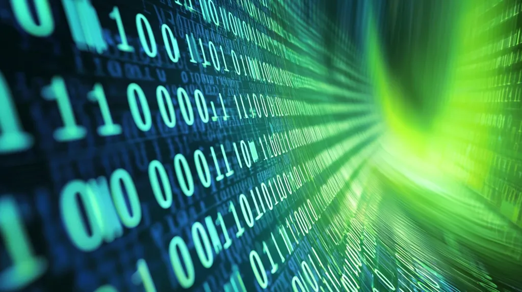 A close-up of a computer screen displaying binary code in a futuristic and abstract style. The code is rendered in bright green and white against a dark blue background. The image creates a sense of depth and movement, suggesting a journey into the digital realm.