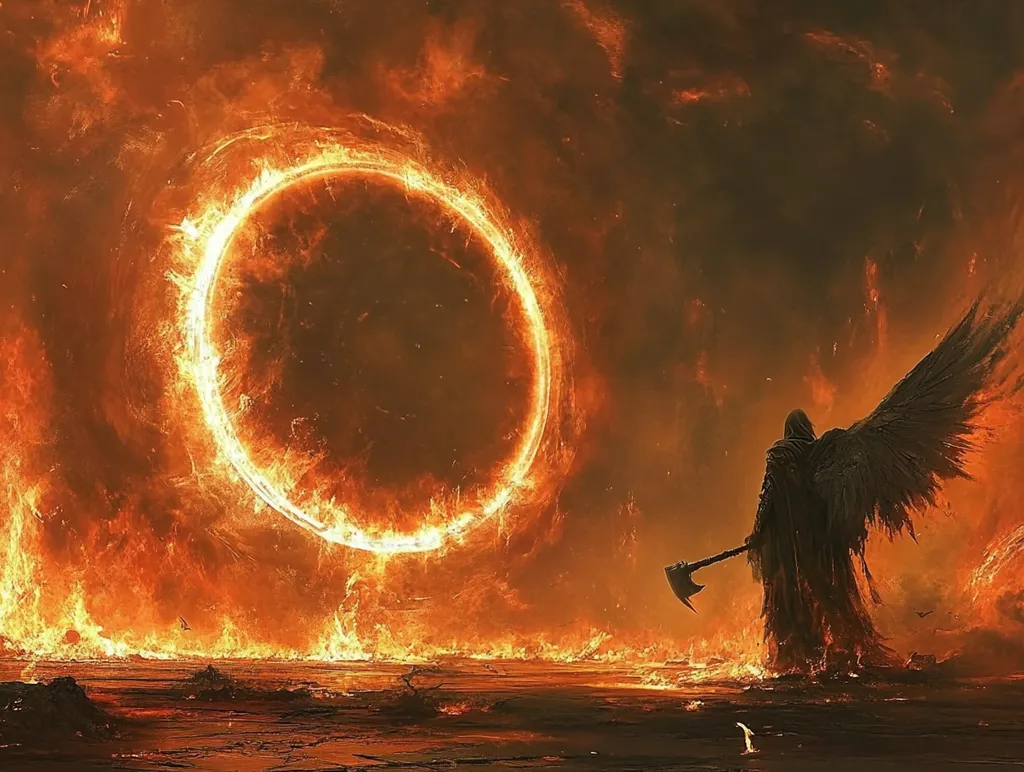 The image depicts a fiery, apocalyptic scene. A large, flaming ring hovers in the sky, casting a fiery glow on the landscape. In the foreground, a figure cloaked in darkness stands with an axe in hand, their wings spread wide. The image evokes a sense of power, danger, and the unknown. The composition suggests a threshold or portal, with the figure standing between the fiery ring and the desolate landscape. The overall tone is one of mystery and impending doom.
