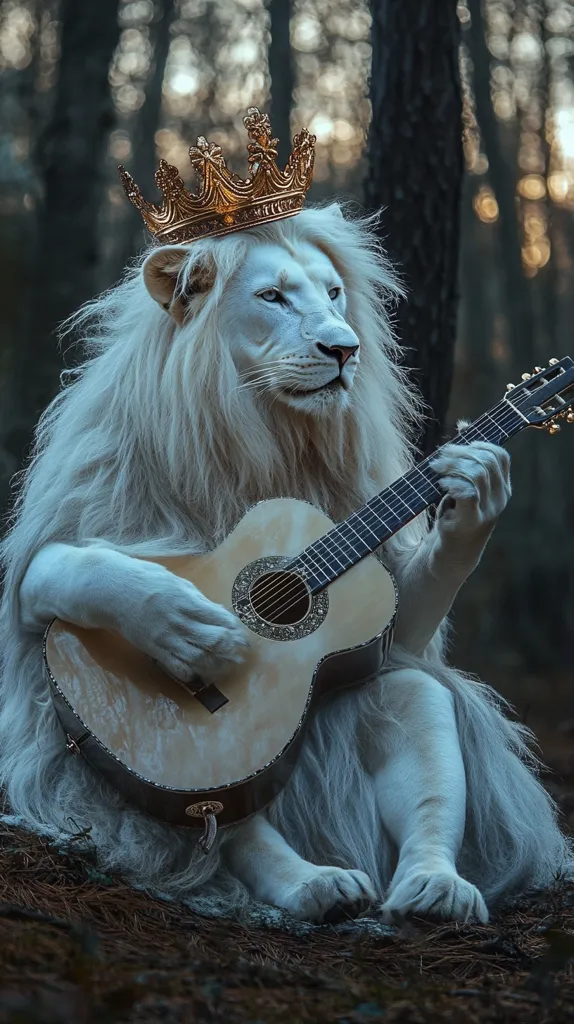 A majestic white lion, adorned with a golden crown, sits amidst a dark forest. The lion is playing an acoustic guitar, its powerful paws resting on the strings. The scene is surreal and captivating, blending the wildness of the animal with the gentle beauty of music. The lion's eyes, intelligent and soulful, gaze off into the distance. The image evokes a sense of mystery and wonder, suggesting a tale of a king of the wild embracing the power of music.