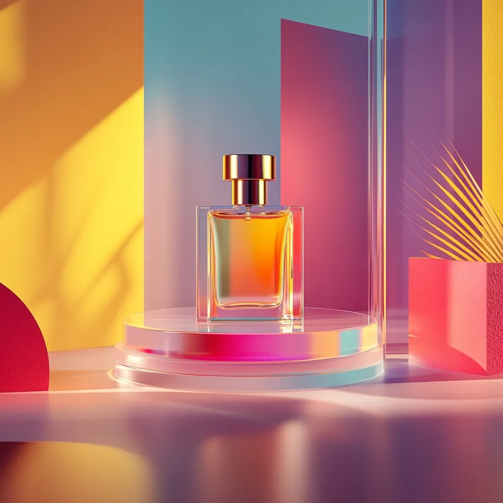 A bottle of perfume with a gold top sits on a clear glass pedestal. The background is made up of colorful geometric shapes in vibrant yellow, blue, pink and purple. Sunlight shines through the shapes creating shadows on the surface. The overall image is minimal and modern.
