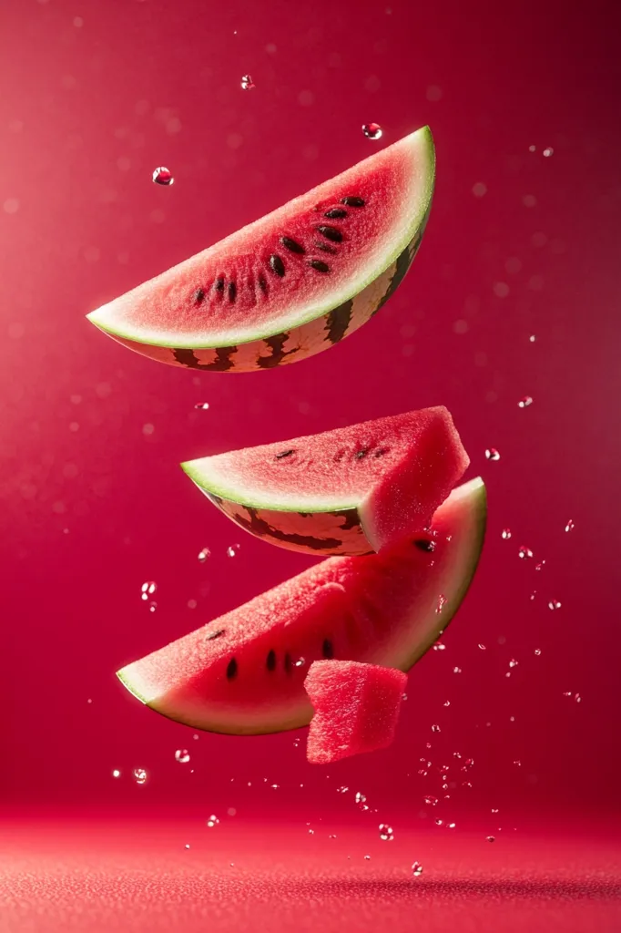 The image shows a watermelon, sliced into three large pieces and one small cube, falling through the air. The slices are in various stages of rotation, and the small cube is falling straight down. The background is a vibrant red, and there are water droplets scattered throughout the image. The watermelon looks ripe and juicy, and the image conveys a sense of summer and refreshment.