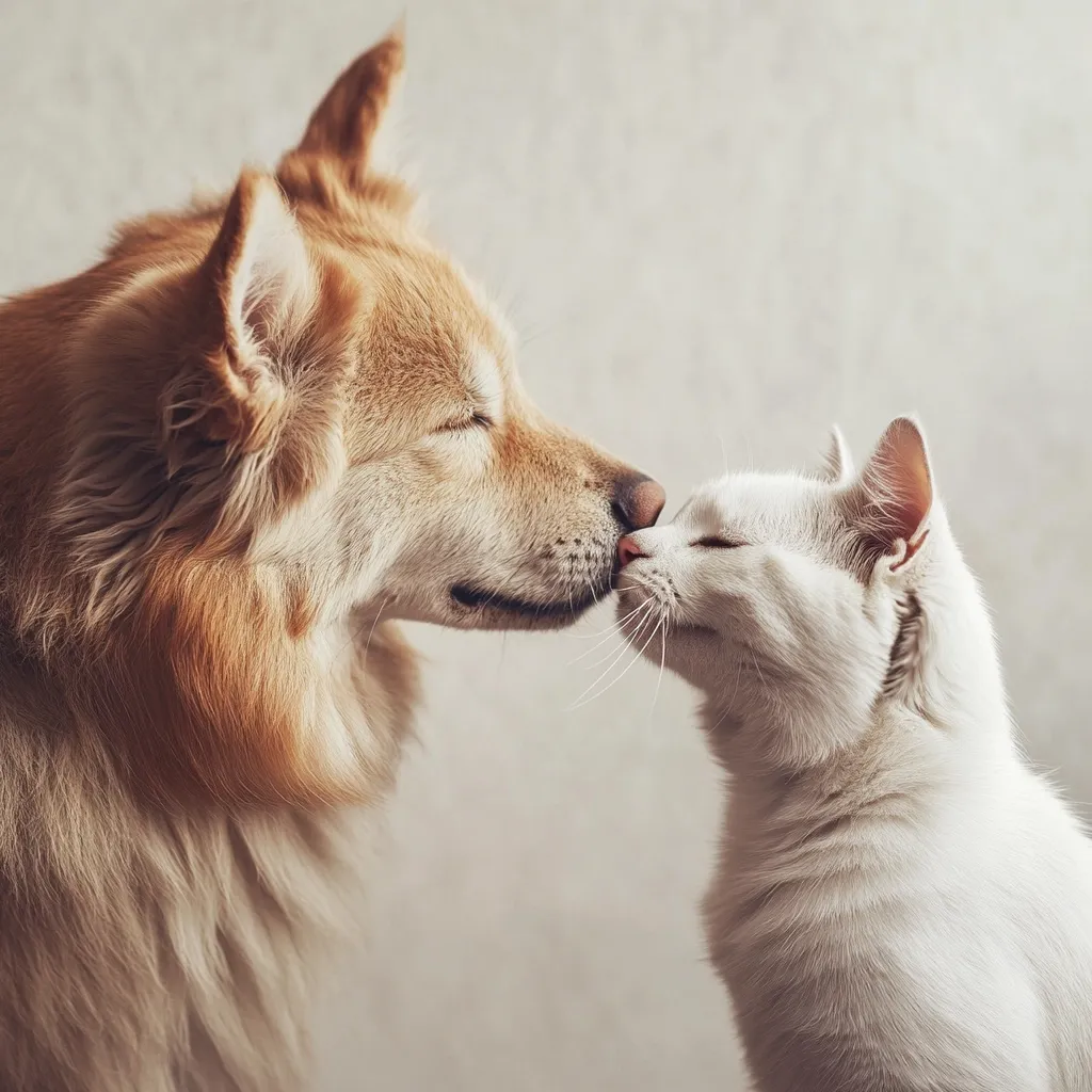 A fluffy, ginger dog with its eyes closed is nuzzling a white cat with its eyes closed. The dog's nose is touching the cat's nose, creating a heartwarming image of interspecies friendship and affection. Their fur is soft and their expressions peaceful, suggesting a strong bond between them. The background is a neutral beige, making the animals the focal point.  The photo captures a special moment of intimacy and love between two unlikely companions.