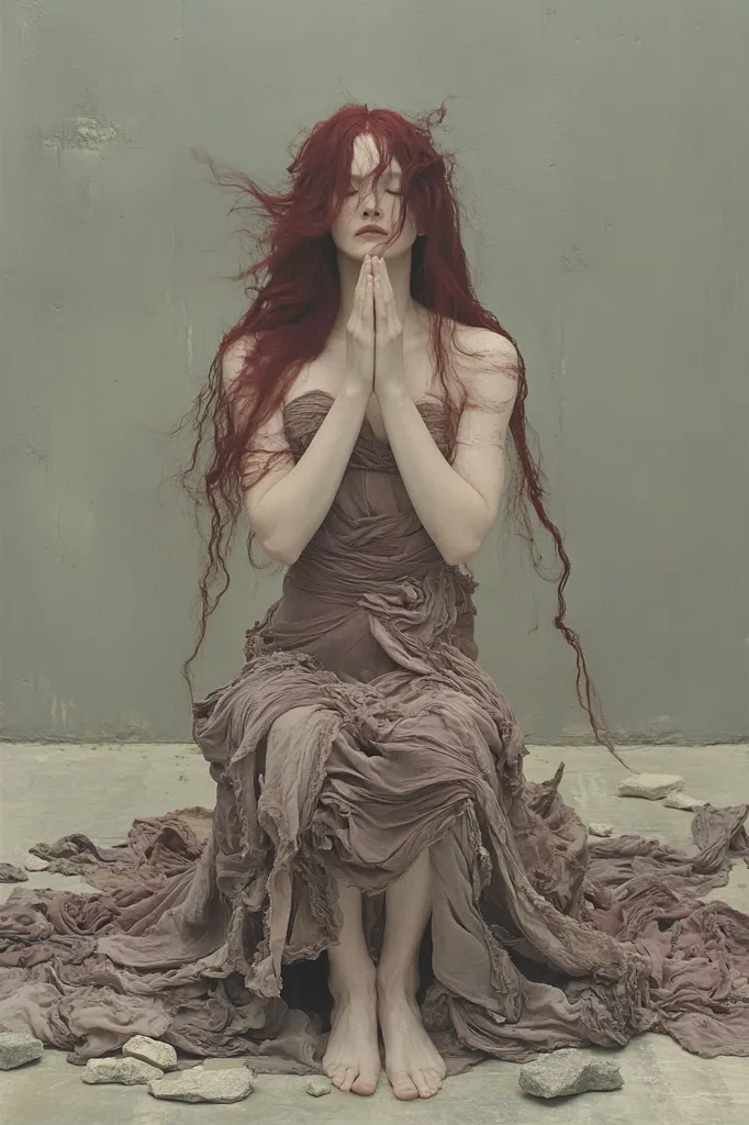 A woman with long red hair sits on the ground, her hands clasped in prayer. She wears a flowing, mauve gown that pools around her. The background is a muted green, creating a sense of tranquility and introspection. Her eyes are closed, suggesting a moment of deep contemplation. The image conveys a sense of serenity and spiritual connection.