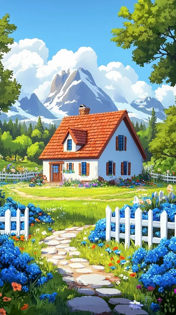 A charming cottage with a red roof and white walls sits amidst a lush green lawn, surrounded by a white picket fence.  A stone path winds through a colorful flower garden, leading the eye towards the snow-capped mountains in the background. The sky is a bright blue with fluffy white clouds. The image evokes a sense of peace and tranquility.