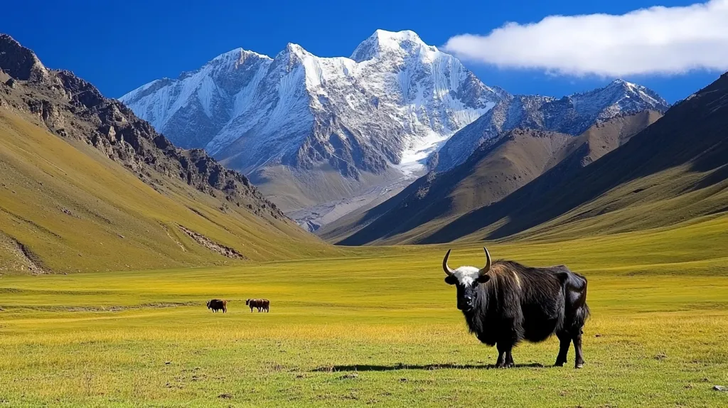 A black yak with white markings stands in a grassy valley surrounded by mountains. The sky is blue with fluffy white clouds. The snow-capped mountains in the distance are a striking contrast to the green grass and the yak. The scene is peaceful and serene. The yak looks calm and content. Three other yaks are seen in the distance.  The image is a beautiful example of the natural beauty of the world.