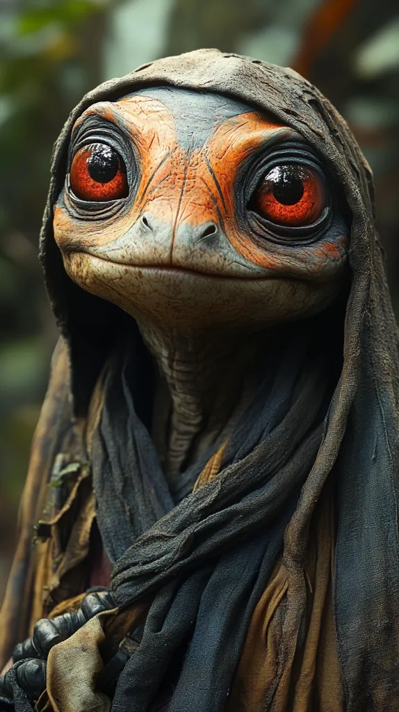 The image shows a close-up of a creature with large, orange eyes and a long, thin neck. The creature is wearing a dark, tattered scarf that covers its head and shoulders. Its skin is a mottled orange and brown. The creature has a gentle expression on its face.  The background is blurred, with a hint of green foliage. The image is likely from a fantasy film or television show.