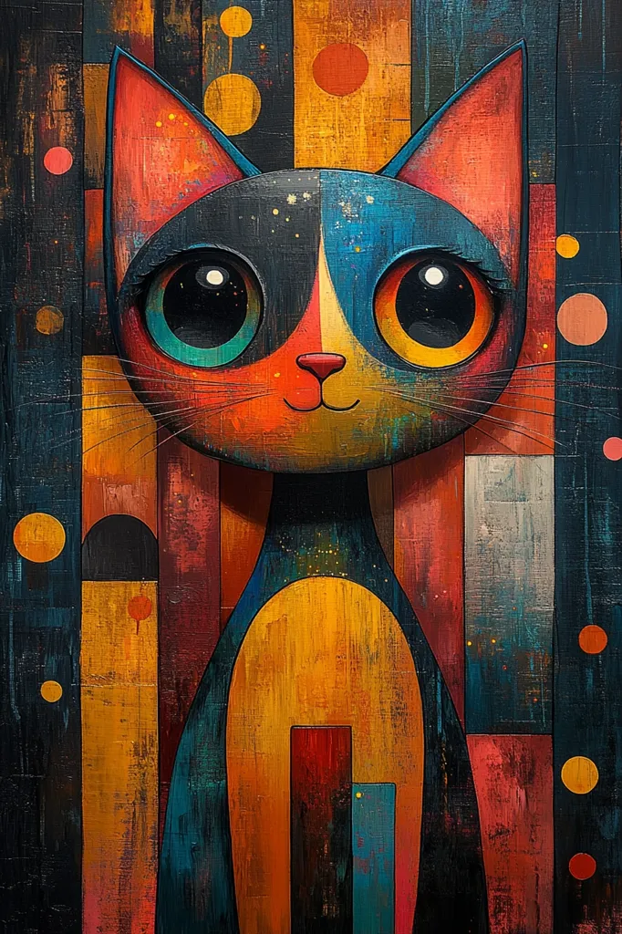 A stylized cat with large, round eyes and a small, pink nose is depicted against a colorful background. The cat's fur is painted in a mix of black, blue, and orange, while the background is a bold combination of stripes, circles, and geometric shapes. The artwork is abstract and playful, creating a whimsical and eye-catching composition. The colors are vibrant and saturated, contributing to the overall sense of energy and vibrancy.