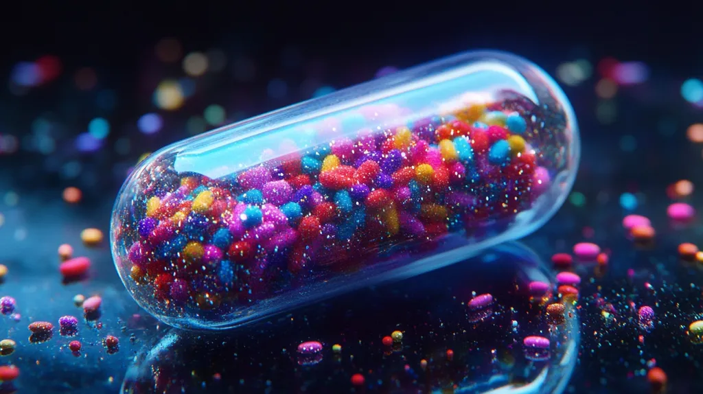 A large, clear capsule filled with tiny, colorful, glittery beads rests on a blue and black surface. The capsule is partially filled, and the beads spill out onto the surface, creating a sparkly, colorful effect. The image is taken from a close-up perspective, highlighting the intricate details of the capsule and the beads. The background is blurred, drawing attention to the capsule and its contents.