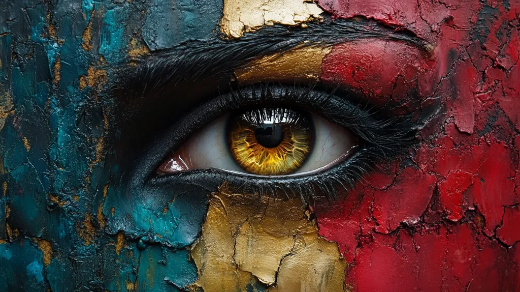 A close-up of a human eye, with a vibrant yellow iris and thick black eyelashes. The skin around the eye is painted in a cracked, abstract style with bold colors of blue, gold, and red. The eye is focused and intense, conveying a sense of power and depth.  The image has a dramatic and artistic feel.
