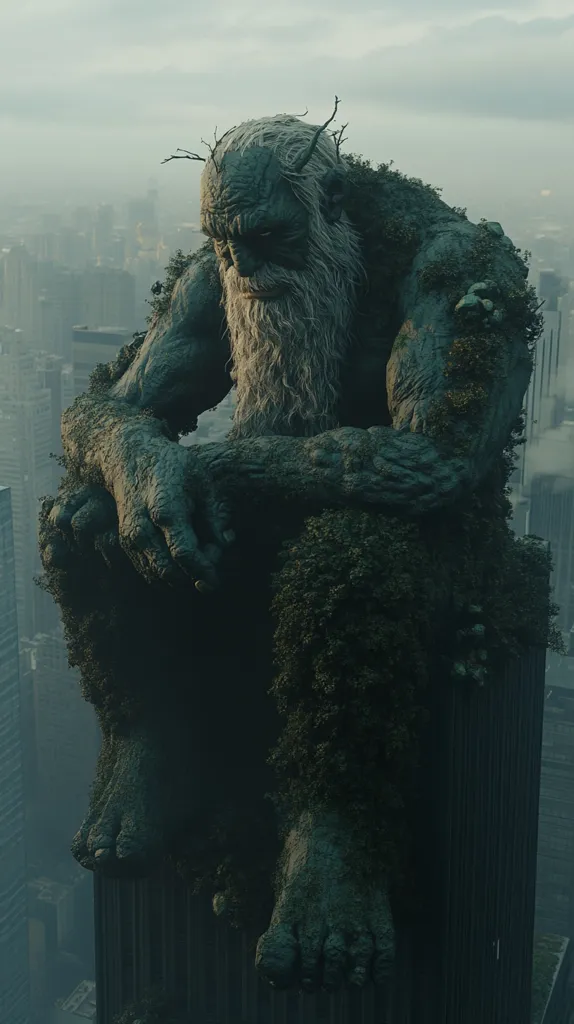 A giant, humanoid figure made of stone and vegetation sits on a tall structure, overlooking a cityscape. The figure's face is weathered and worn, with a long white beard. The figure is covered in vines, moss, and other plants, suggesting a connection to nature. The city in the background appears small and distant, emphasizing the figure's immense size. The overall tone of the image is one of mystery and wonder, suggesting a mythical or fantastical creature.