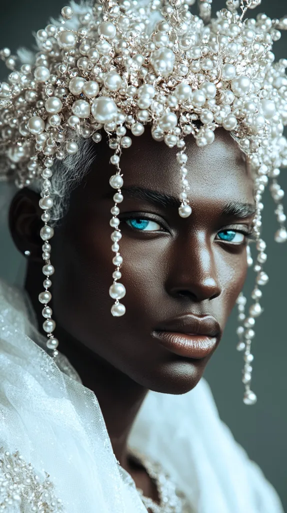 The image shows a close-up portrait of a person of color with a pearl crown and matching earrings. Their skin is dark and their eyes are a bright blue. They are wearing a white veil that covers their shoulders and neck. The background is a muted gray. The image has a dramatic and elegant feel.