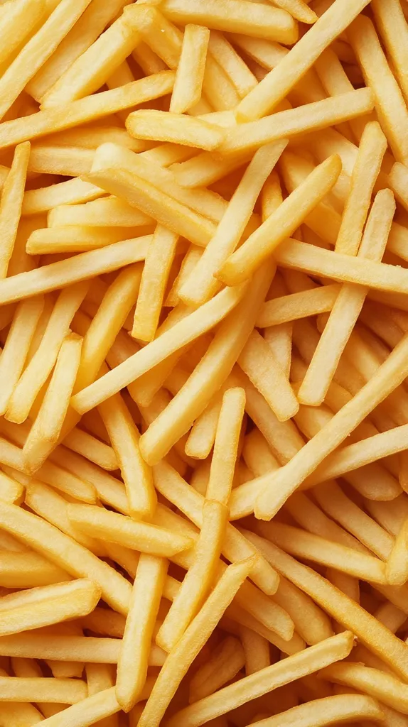 The image shows a close-up of a pile of golden brown French fries. The fries are arranged in a random, overlapping pattern, creating a visually appealing texture. The warm, inviting color of the fries suggests they are freshly cooked and ready to be enjoyed.  Their crispy surface and irregular shapes hint at their delicious crunch.