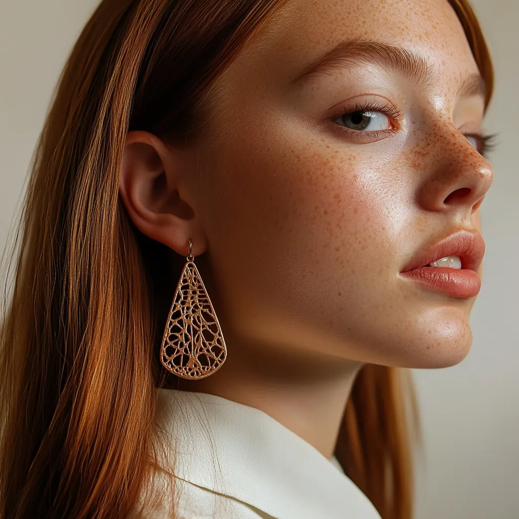 A young woman with long, flowing red hair is wearing a pair of large, gold earrings. The earrings are in the shape of a teardrop and have a delicate, intricate design. The woman's skin is fair and freckled, and her eyes are a light blue. She is looking off to the side with a wistful expression. The background is a soft, neutral color.  The image is a close-up portrait, focusing on the woman's face and the earrings. The overall mood of the image is one of elegance and sophistication.