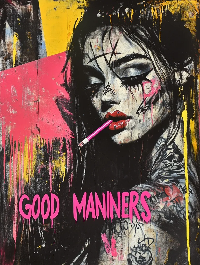 The image depicts a woman with dark hair and a heavily painted face. Her eyes are closed, and her lips are painted red. She is smoking a pink cigarette. The background is a vibrant mixture of pink, yellow, and black paint splatters. The words "GOOD MANNERS" are painted in pink below her. The overall effect is a striking and somewhat rebellious portrait.