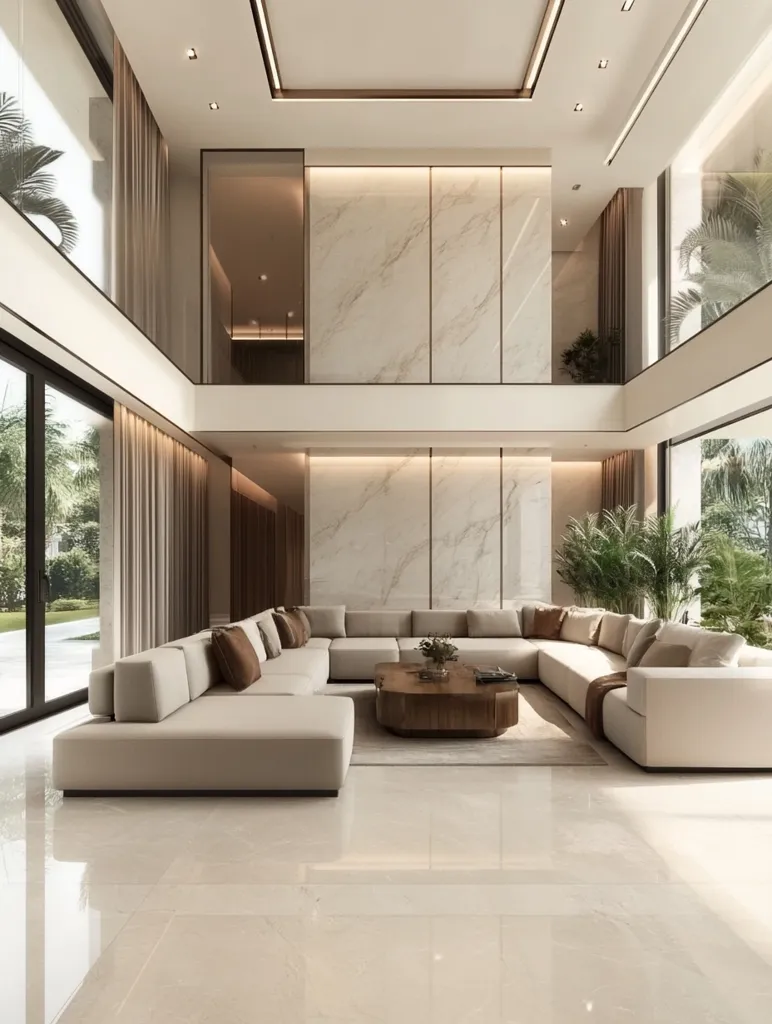 A modern living room with a large, white sectional sofa. The room has a high ceiling, large windows, and a marble wall. The floor is made of polished concrete, and the room is illuminated by recessed lighting. The room is decorated with plants and a wooden coffee table. The room is bright and airy, with a minimalist aesthetic.