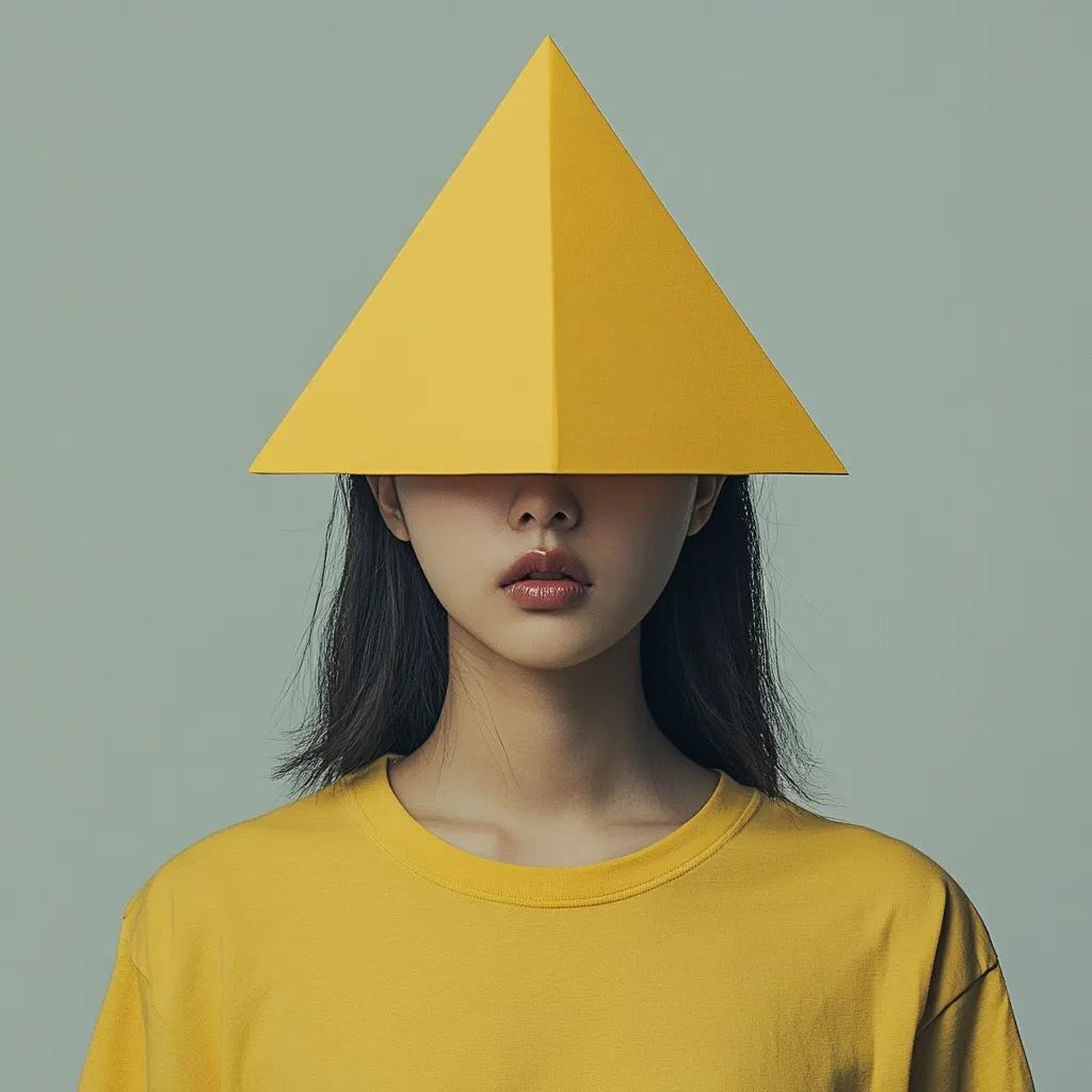 A young woman with long black hair is wearing a yellow t-shirt and a large, yellow, paper pyramid hat that covers her eyes. The hat is made of a single piece of paper, folded into a triangle shape.  She is looking straight at the camera, her lips are slightly parted. The background is a muted grey-blue.  The image has a minimalist and slightly surreal feel.  The woman's face is obscured by the hat, adding to the mystery of the image.