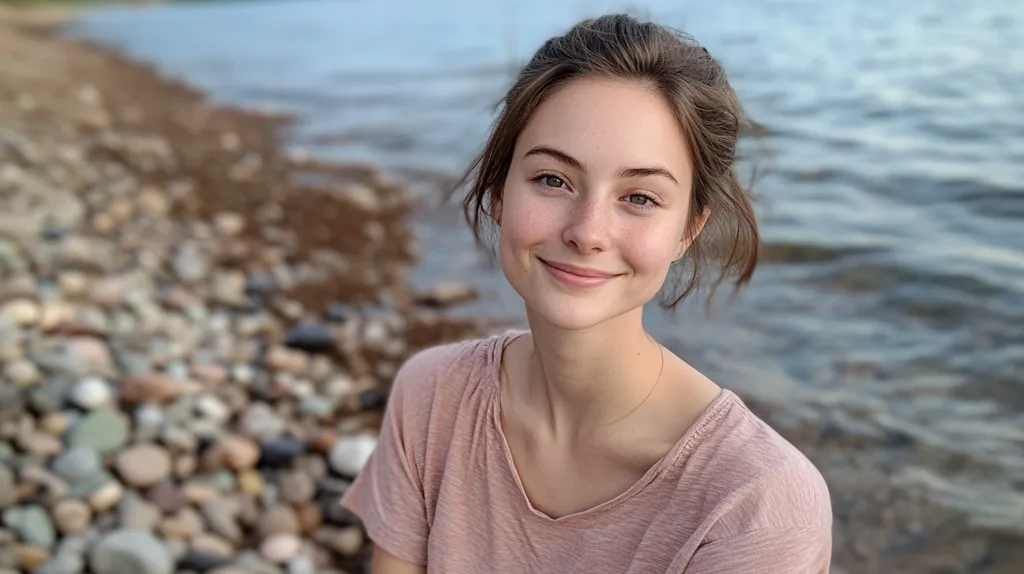A young woman with long brown hair and freckles smiles at the camera. She wears a pink t-shirt and stands near the edge of a pebble beach. The water of a lake or ocean stretches behind her, rippling gently in the background.  The focus of the image is on her kind and warm expression.