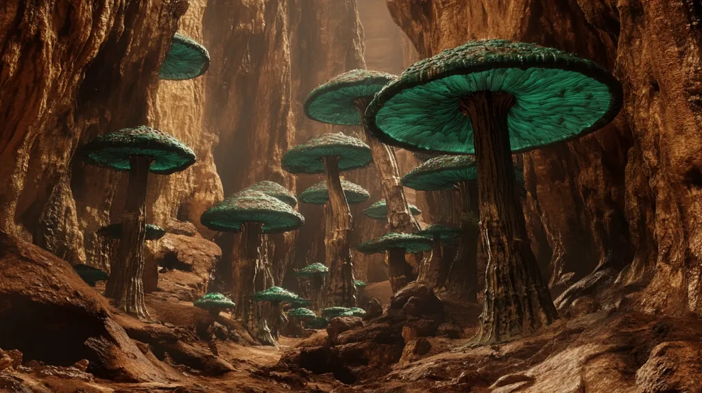 A surreal, otherworldly cave filled with an abundance of glowing, turquoise mushrooms.  The mushrooms tower over a dirt floor, with the largest ones appearing to be the tallest in the cavern. The light is dim, with only a faint glow emanating from the mushrooms themselves. The walls of the cave are a rough, brown rock. It creates an ethereal and slightly eerie atmosphere, with the alien-looking mushrooms casting long shadows.