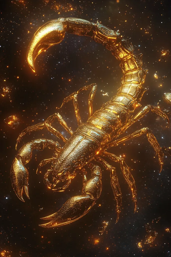 A golden scorpion, rendered in a 3D style, is depicted against a backdrop of a twinkling, starry night sky. The scorpion's intricate details are highlighted by the golden sheen, giving it a majestic and celestial appearance. The image evokes a sense of mystery and wonder, capturing the essence of the zodiac sign. The background of twinkling stars adds to the image's celestial theme, suggesting a connection to the cosmos and the stars.