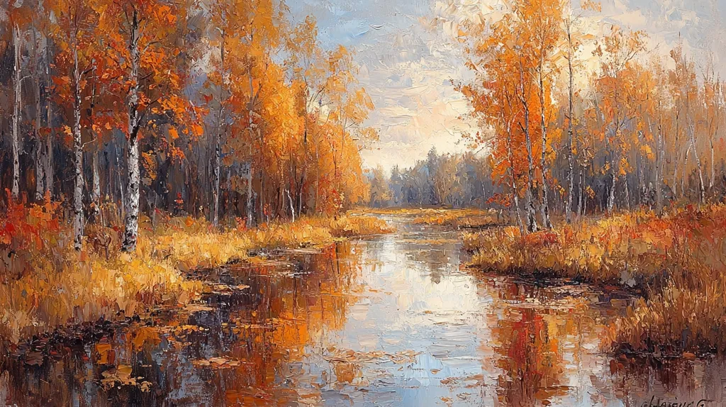 A painting of a forest scene in autumn. The trees have yellow and orange leaves. A river runs through the center of the scene. The water is a murky gray with reflections of the trees and the sky above. There are fall leaves scattered on the water. The painting has a soft and impressionistic style.