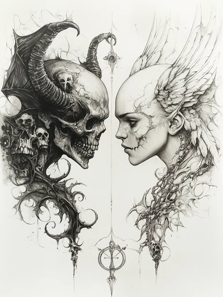 The image is a black and white drawing of a devil and an angel facing each other. The devil is on the left, depicted as a skull with horns and wings. The angel is on the right, depicted as a female figure with wings and an ethereal look. The two figures are separated by a vertical line with a circle at the bottom. The art style is detailed and intricate, showcasing sharp lines and shading techniques. The drawing appears to be a representation of good versus evil, with the angel representing goodness and the devil representing darkness.