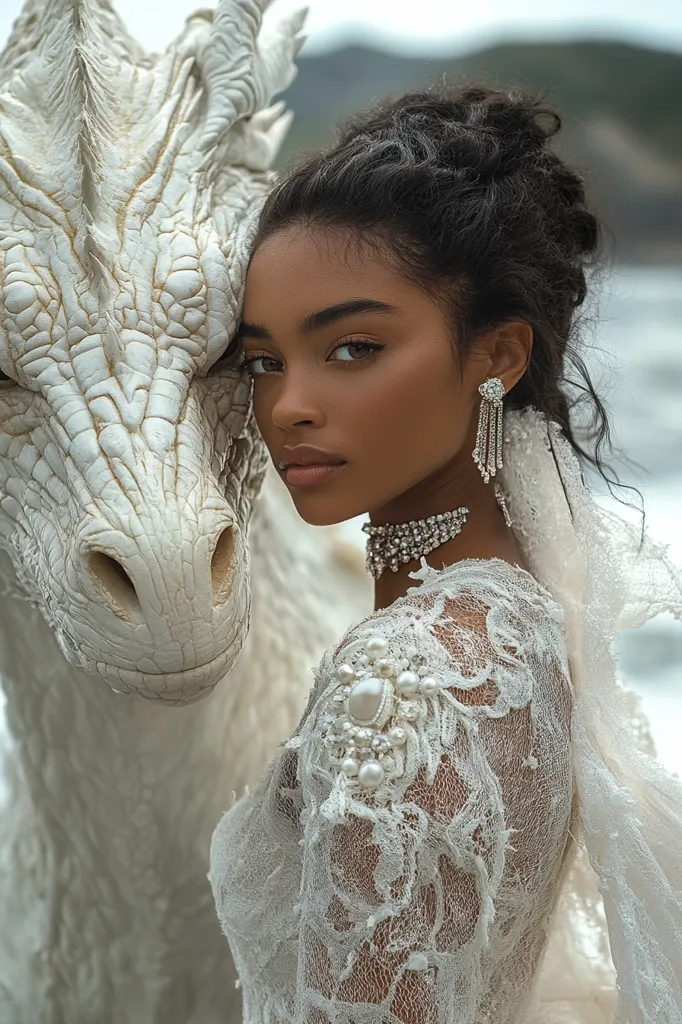 A woman with dark skin and dark hair, wearing a white lace dress with a pearl embellishment, poses with a white, dragon-like sculpture. The woman has a soft expression on her face, while the dragon's face is severe and almost menacing. The background is blurry, but it seems to be a natural setting.  The image has a magical and ethereal feel, creating a sense of mystery and beauty.