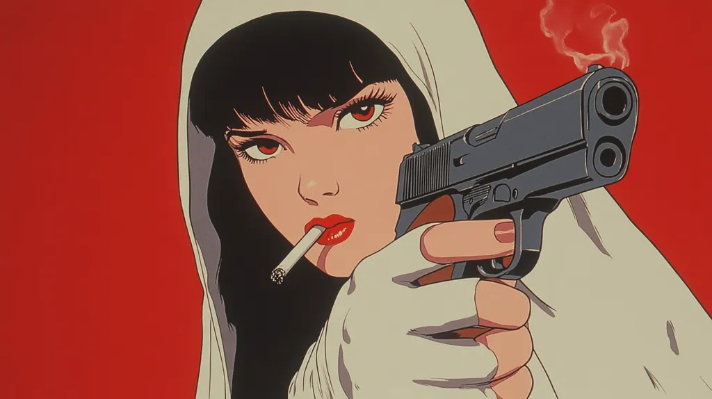 The image shows a woman with black hair and a white hooded jacket, holding a gun in her right hand and smoking a cigarette. She has red lipstick and her eyes are wide open with a serious expression. The background is a solid red color. The image has a dark and edgy aesthetic.