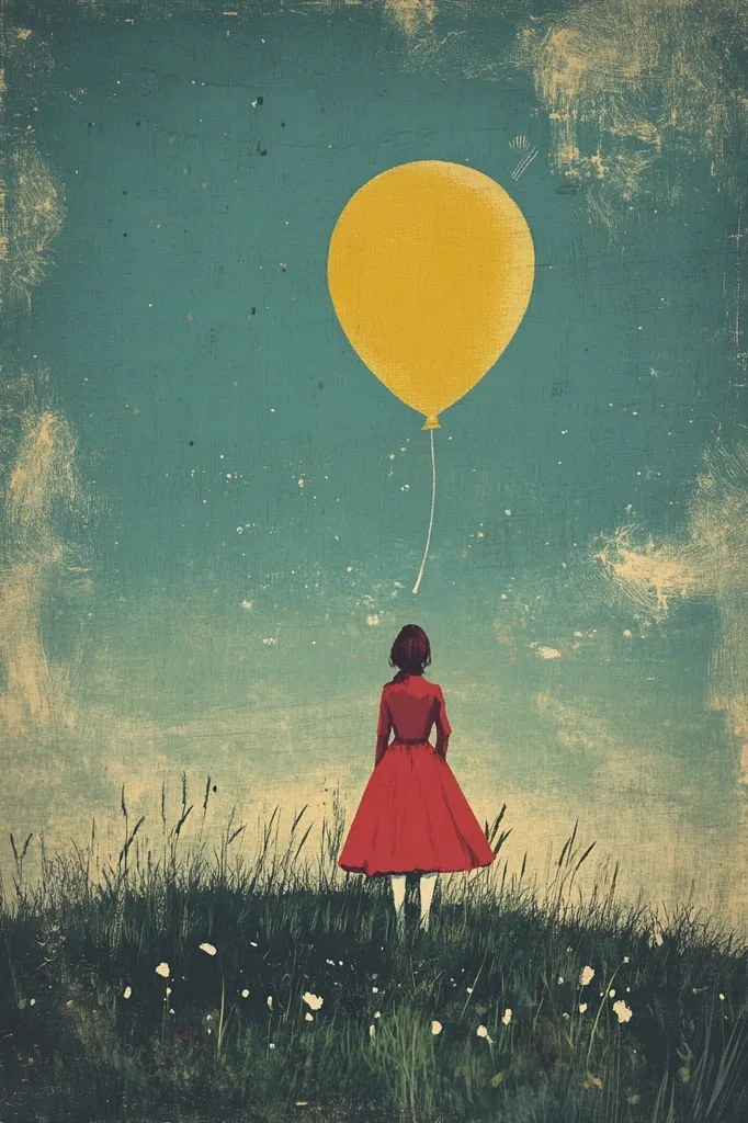 A young woman in a red dress stands in a field of green grass and white flowers, gazing up at a large yellow balloon floating in the blue sky. The sky is speckled with white dots, adding a dreamy quality to the scene. The image has a vintage, nostalgic feel. The woman's pose and the balloon's upward trajectory evoke a sense of hope and aspiration.