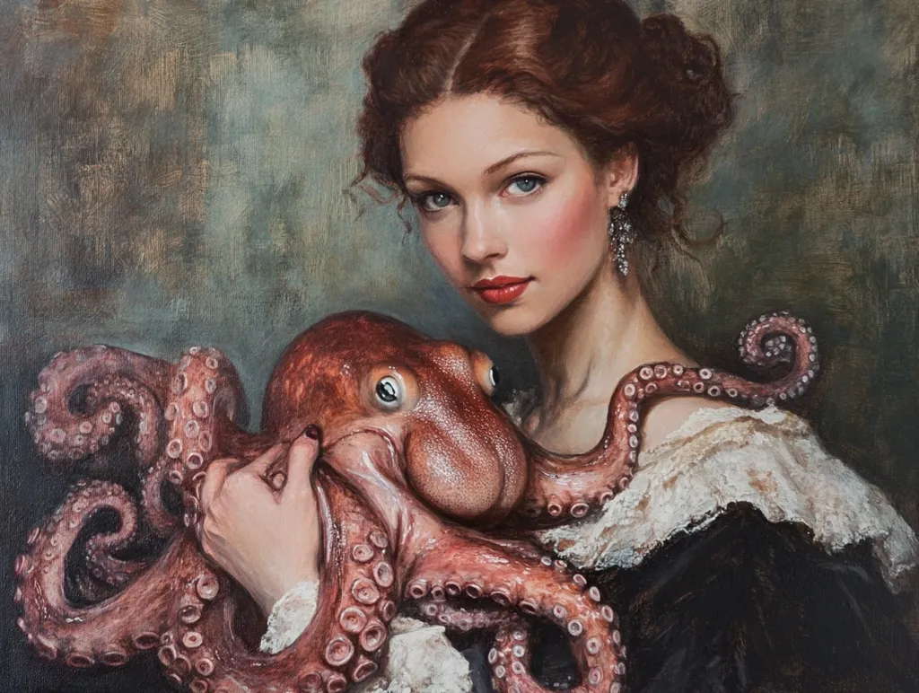 The painting depicts a young woman with long, flowing red hair. She is wearing a black dress with a lace collar and is holding a large, red octopus. The woman's expression is serious and thoughtful, and the octopus's eyes are wide and curious. The background is a muted green and brown, giving the painting a sense of depth and mystery. The painting suggests a connection between the woman and the octopus, perhaps a shared sense of wonder or the unknown.
