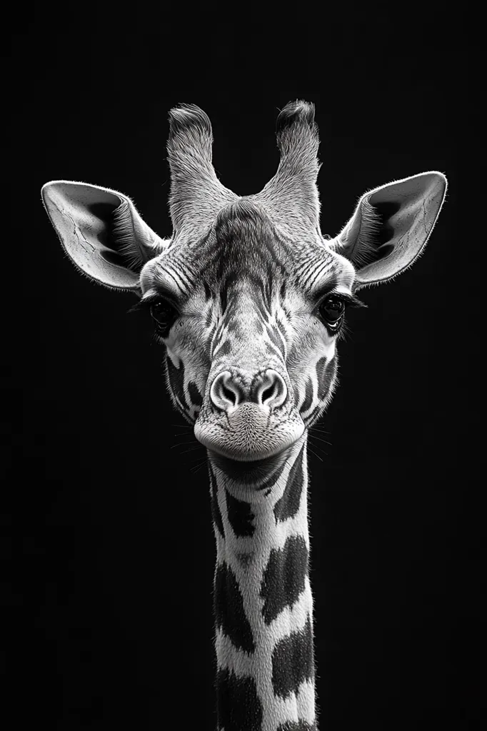The image is a black and white portrait of a giraffe. The giraffe is looking directly at the camera, with its head tilted slightly to the side. Its long neck is visible, with the distinctive pattern of black and white spots. The background is a solid black, which makes the giraffe stand out. The giraffe's expression is calm and curious, as if it is pondering something. The image is a powerful and striking portrait of this majestic animal.