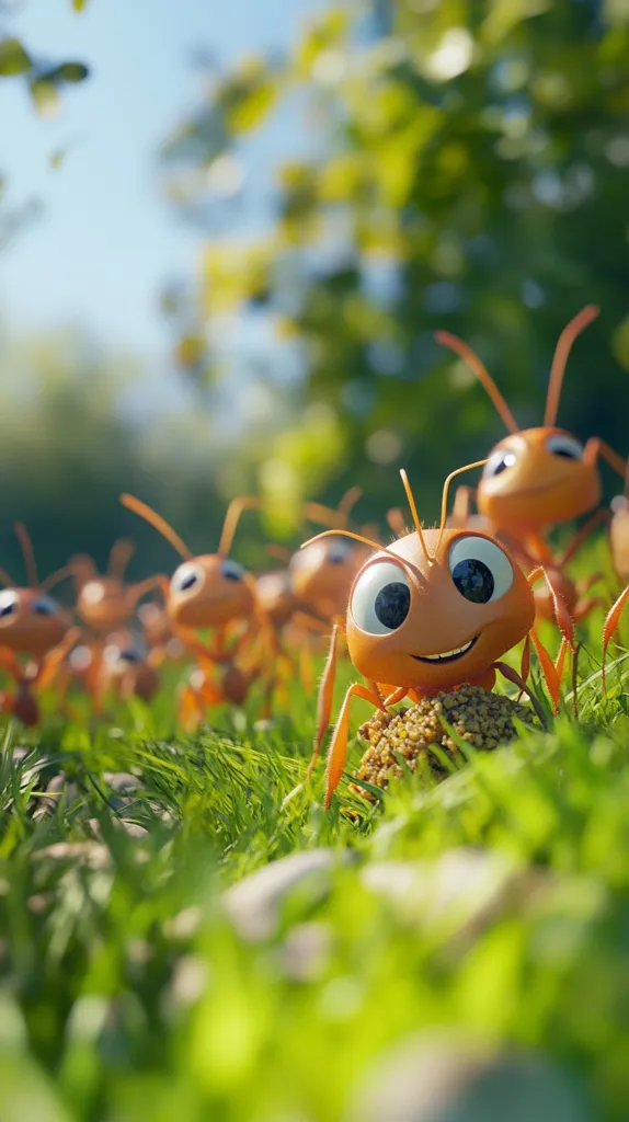 A cartoon ant with large eyes and a smiling mouth stands in front of a pile of food. Other ants are out of focus in the background.  The scene is set in a grassy area, with green leaves and a blurred out background. The ant looks happy and content.