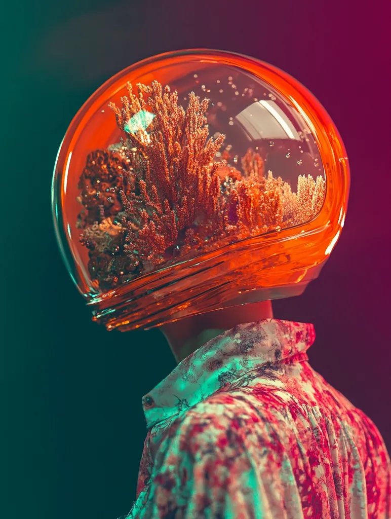 A person is wearing a transparent orange helmet with a vibrant coral-like substance inside. The helmet covers their head and the person's back is facing the viewer. The background is a blend of teal and magenta. The person is wearing a floral shirt and the image has a futuristic and surreal feel.