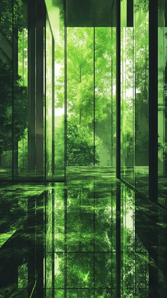 The image shows a room with large windows looking out onto a lush green forest. The windows are framed by black pillars, creating a grid-like pattern. The floor is a glossy black surface that reflects the greenery outside, creating a mesmerizing mirrored effect. The image evokes a sense of peace and tranquility, with nature seamlessly blending with architecture. The vibrant green hues dominate the scene, creating a refreshing and calming atmosphere.