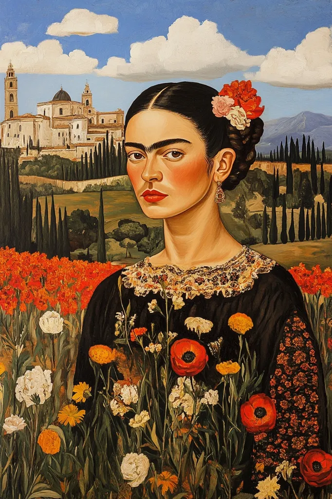 The painting depicts Frida Kahlo, a famous Mexican artist, standing in a field of flowers. She wears a traditional Mexican dress with a lace collar and floral embroidery.  Her dark hair is pulled back and adorned with pink and red flowers. She is looking directly at the viewer with a serious expression, her iconic unibrow prominent. The background features a picturesque town with a church and a row of cypress trees, suggesting a rural landscape.  The painting evokes a sense of tranquility and strength.