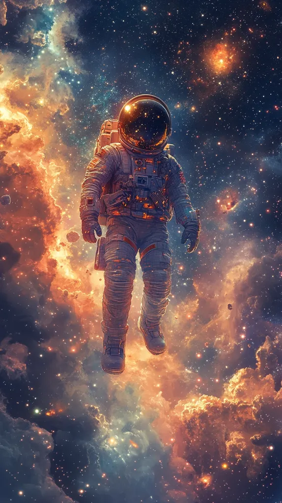 An astronaut floats weightlessly against a backdrop of swirling nebulas and a twinkling star-filled sky. Their suit is illuminated by a warm glow,  creating a sense of wonder and isolation. The vibrant colors of the nebula contrast beautifully with the dark expanse of space.