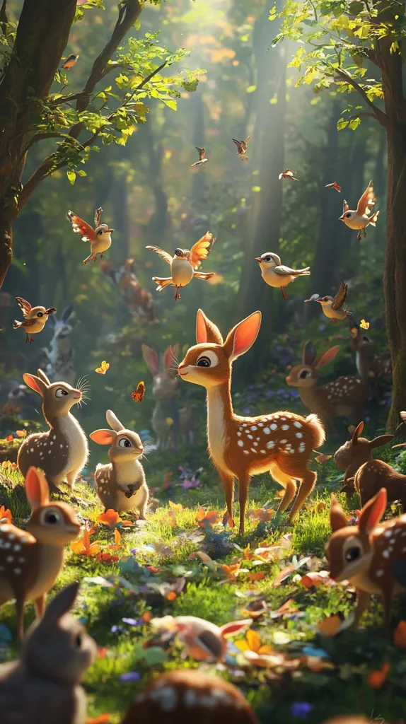 A fawn stands in a magical forest, surrounded by a group of adorable bunnies.  Birds flit among the branches, adding to the enchanting atmosphere.  Sunlight filters through the leaves, casting a warm glow on the scene.  Butterflies flutter gently, adding to the whimsical ambiance.  The image evokes a sense of peace and tranquility, showcasing the beauty of nature.